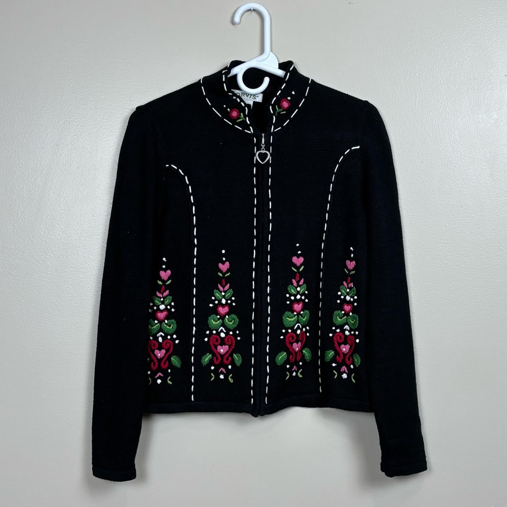 Vintage‎ Orvis Sweater Womens Small Black Full Zip Floral Knit Ramie Cotton